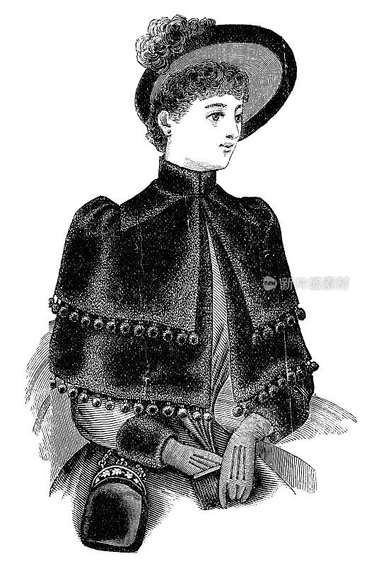 19世纪90年代维多利亚时代的时尚，女士肩披风和光环帽- 19世纪